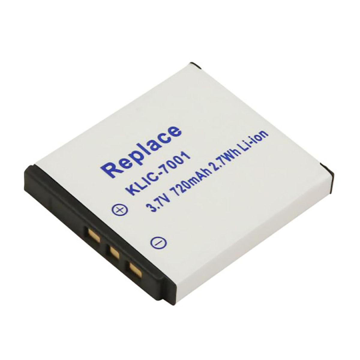 Una batteria bianca con testo blu: KLIC-7001, 3.7V 720mAh 2.7Wh Li-ion.
