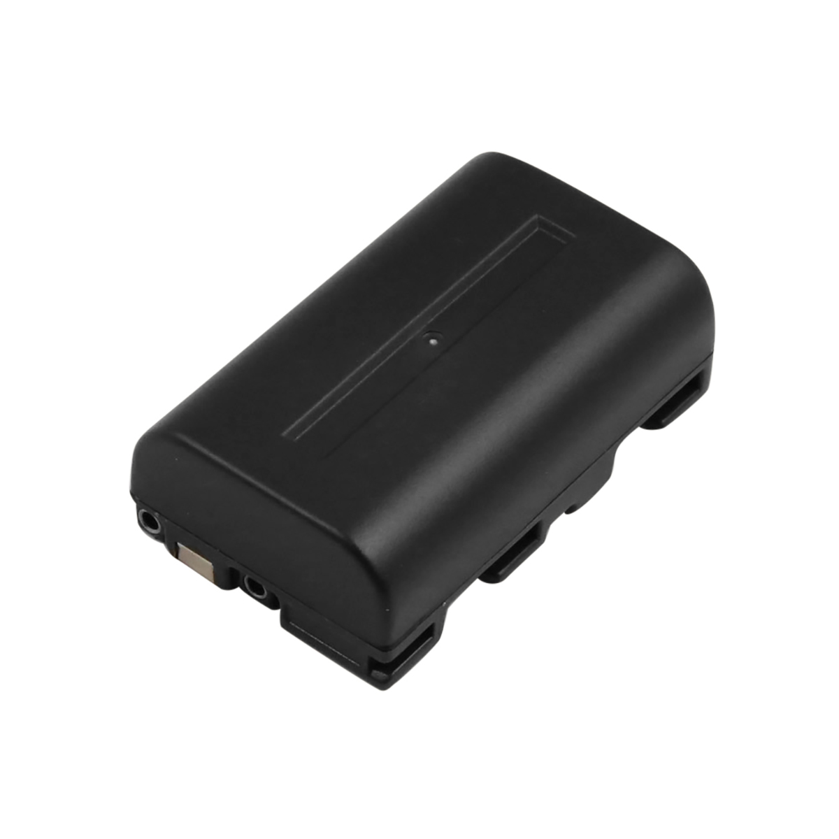 Un pacco batteria rettangolare nero con superficie testurizzata e connettori visibili sul lato.