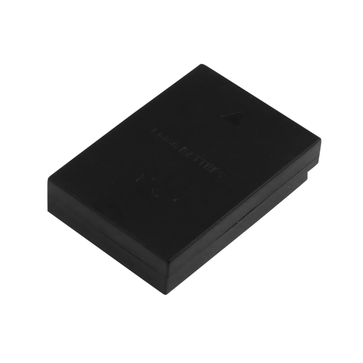 Una batteria rettangolare nera con testo e simbolo di freccia.
