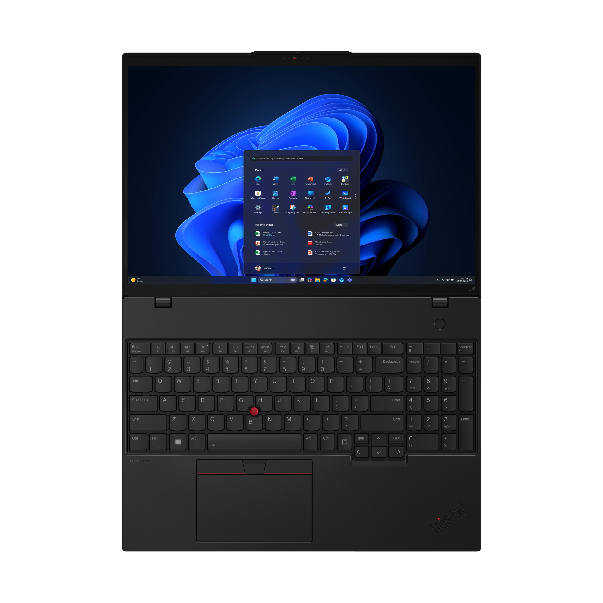 Un laptop nero Lenovo ThinkPad è aperto, mostra un menu Start di Windows 11 sullo schermo.