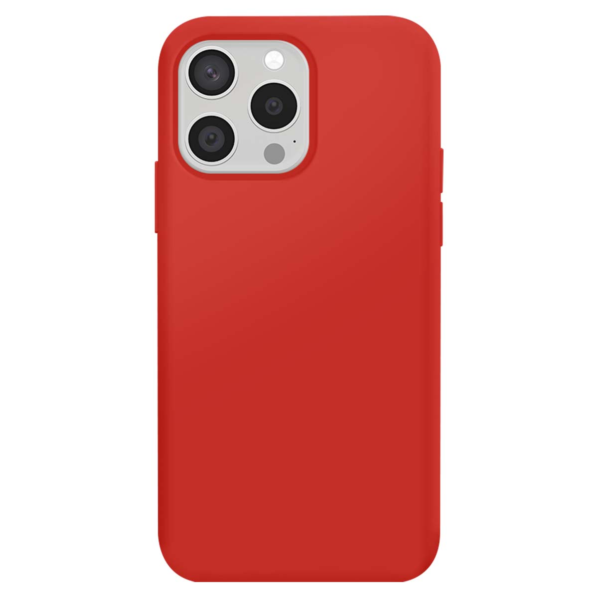 Custodia rossa per telefono con ritaglio tripla fotocamera su sfondo bianco.