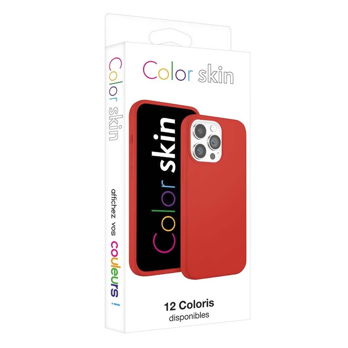 Confezione di cover per telefono rossa che mostra un telefono rosso con cover e fotocamera.