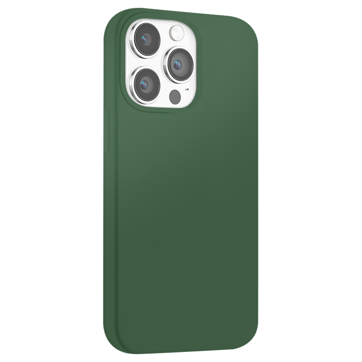 Una custodia verde per telefono con ritaglio fotocamera su sfondo bianco.