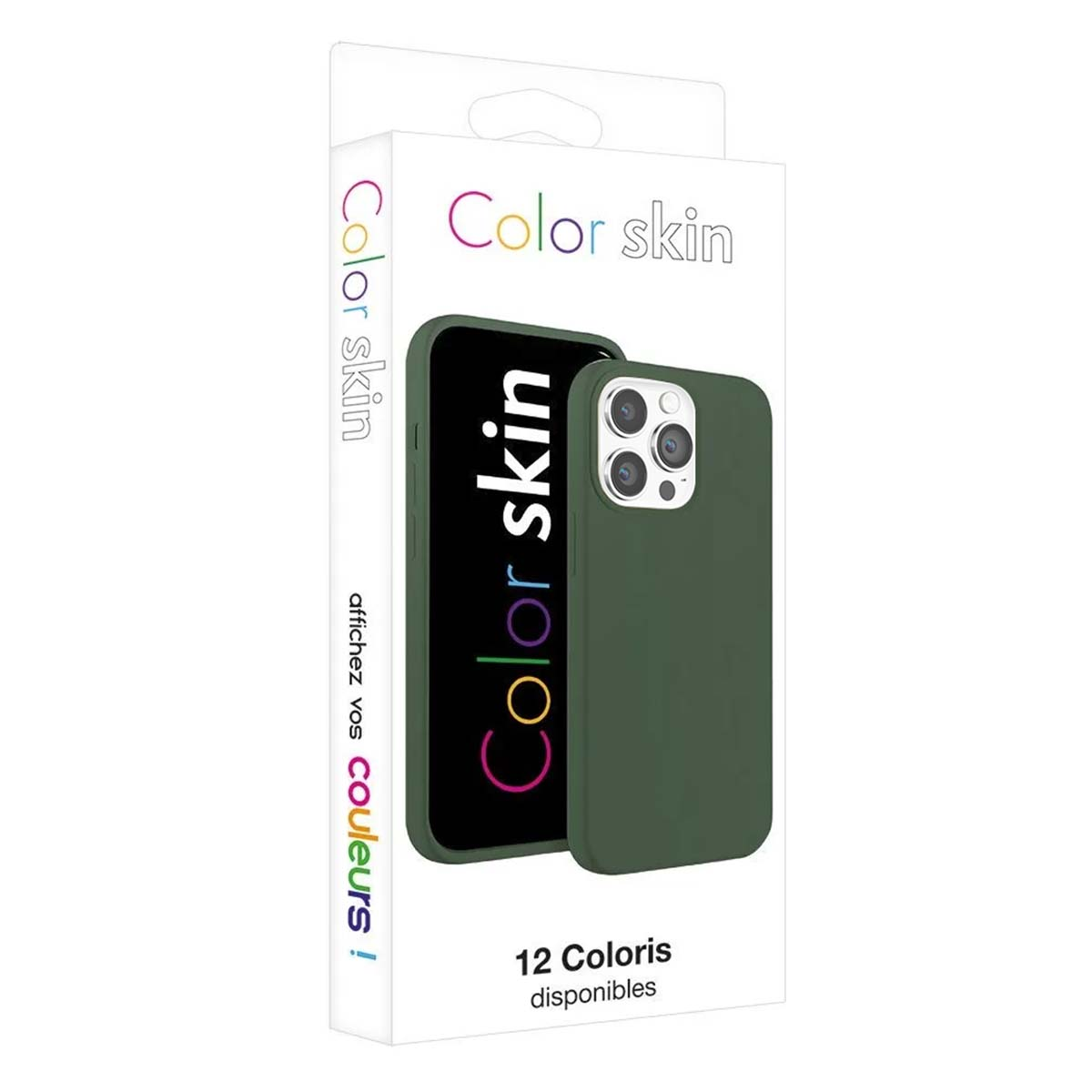 Una custodia verde per telefono con logo "Color skin" sulla confezione. 12 colori.