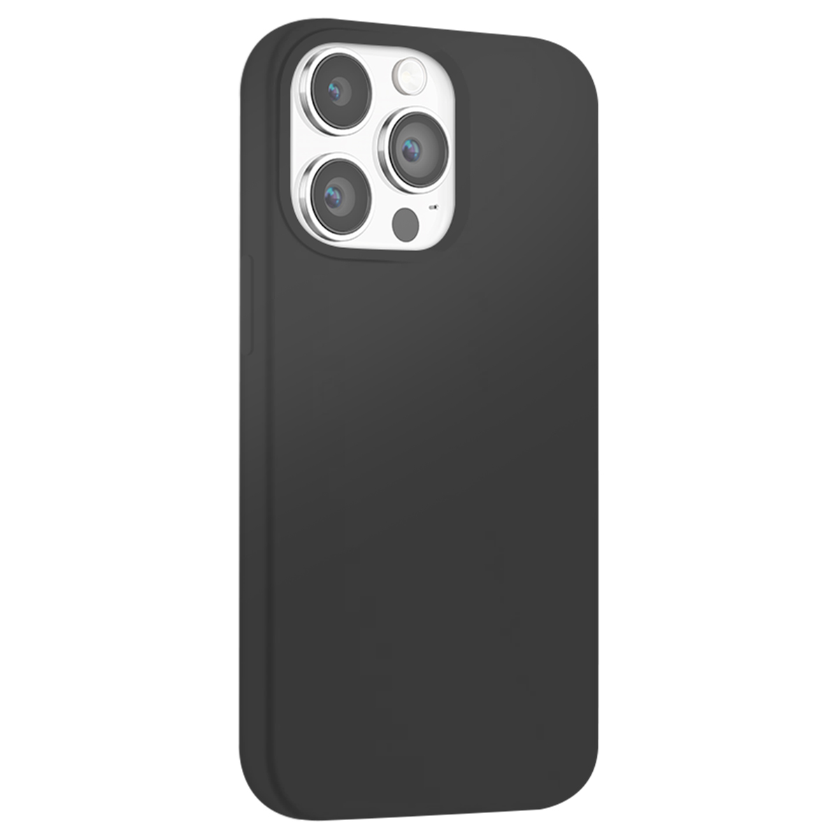 Una custodia nera per telefono con un rialzo per fotocamera rialzato con tre obiettivi e un flash.