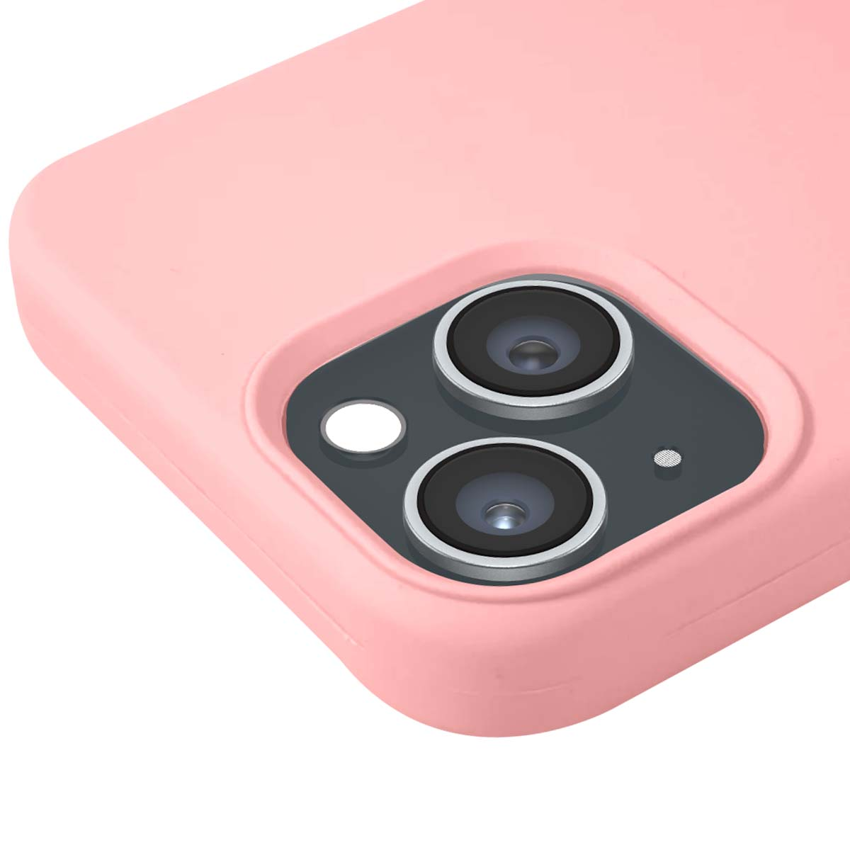 Primo piano di una custodia rosa per telefono con doppio obiettivo e flash.