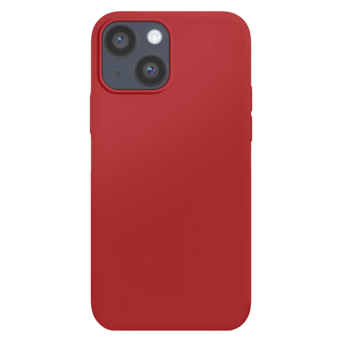 Una cover rossa per telefono con modulo fotocamera a doppia lente e flash.
