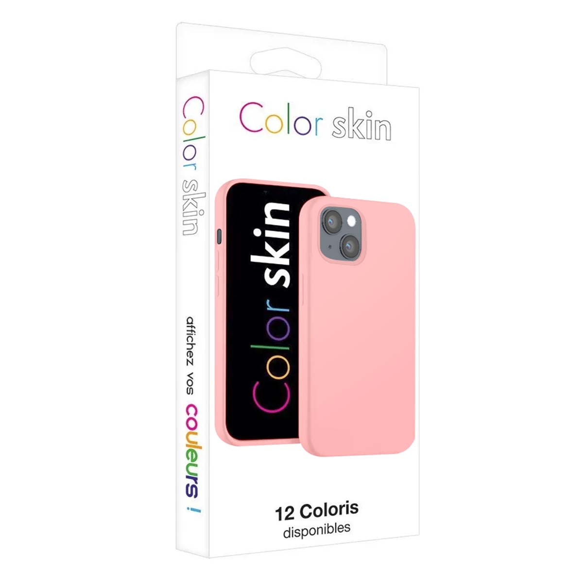 Custodia rosa e telefono con logo 'Color skin' sulla confezione.