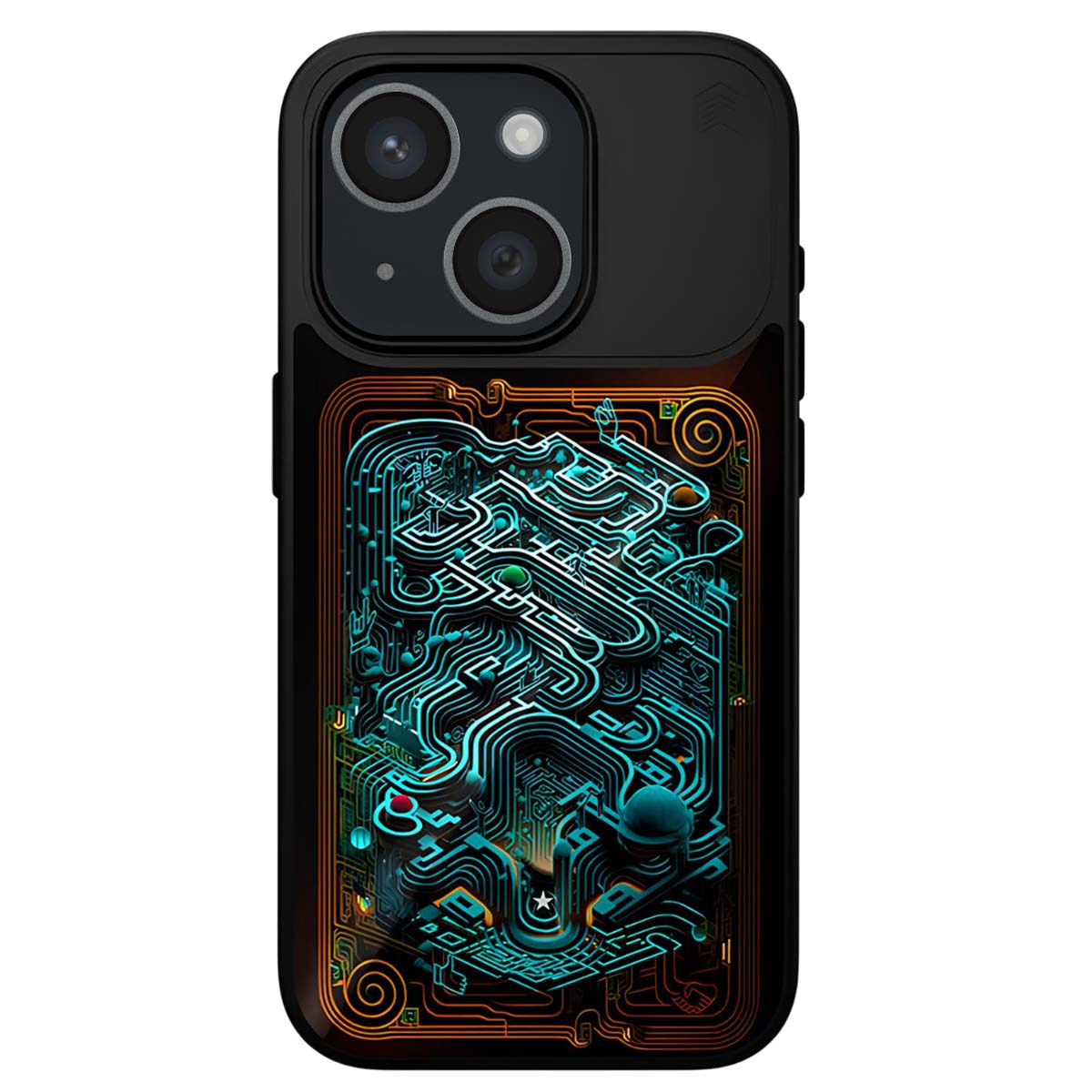 Custodia per telefono con design di circuito stampato blu e arancione, con motivo a labirinto.