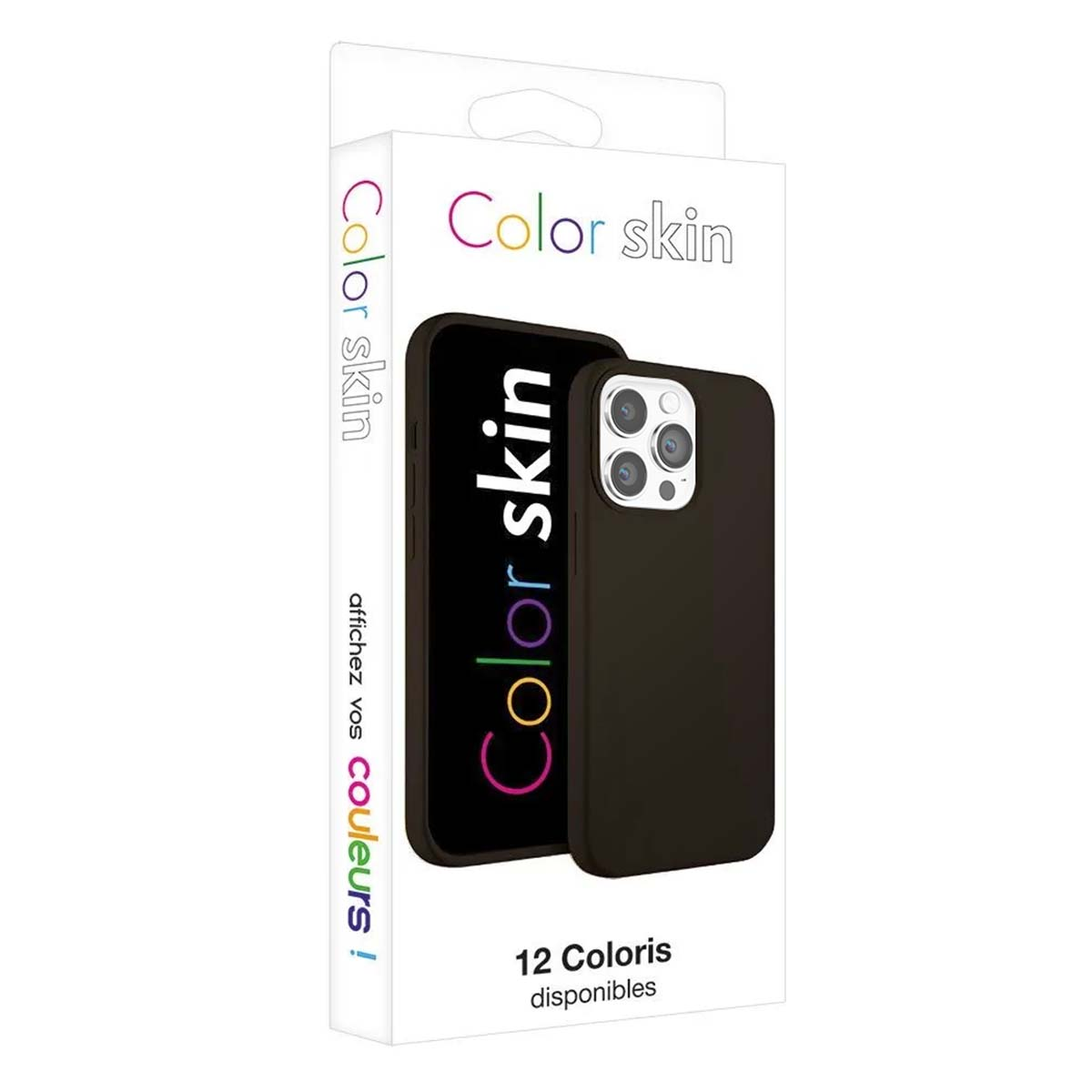 Custodia nera per iPhone con logo 'Color skin' sulla confezione. 12 colori.
