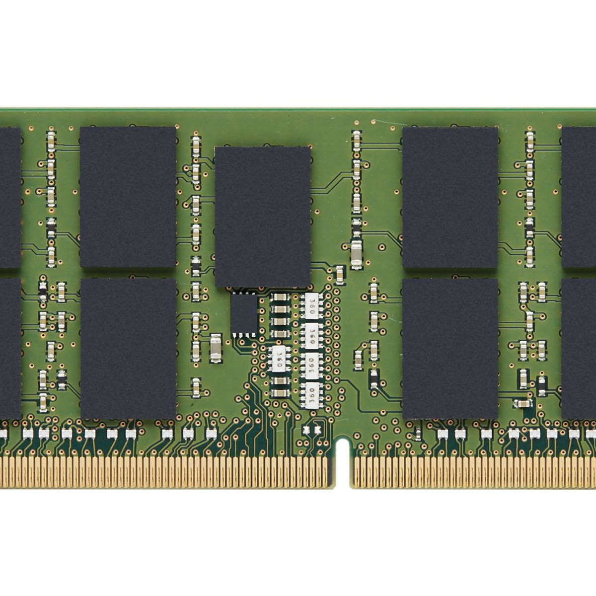 Zbliżenie zielonego modułu RAM z czarnymi chipami i złotymi pinami.