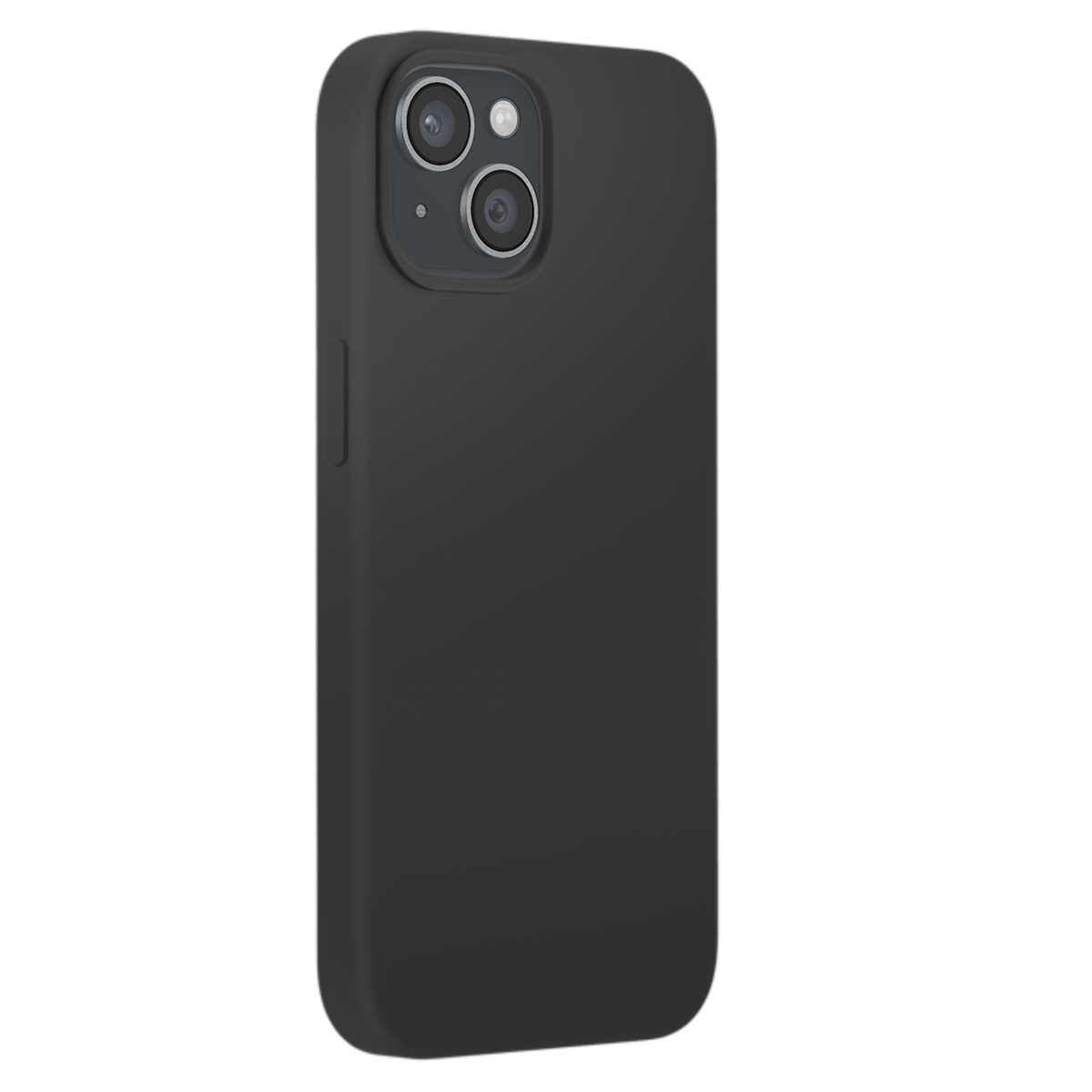 Una custodia nera per iPhone con ritaglio doppia fotocamera è mostrata su sfondo bianco.