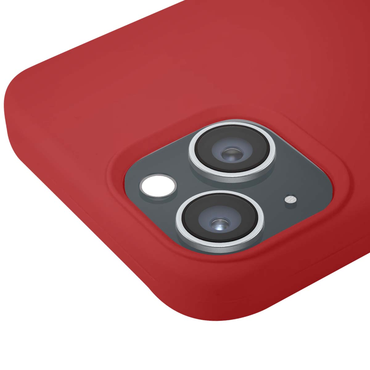 Cover rossa per telefono mostra modulo fotocamera con due lenti, flash e microfono.