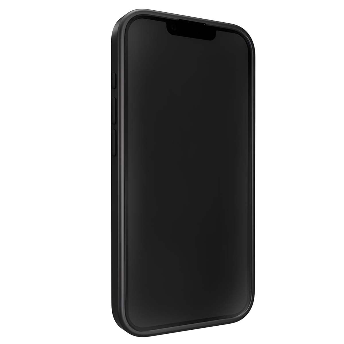 Uno smartphone nero con schermo scuro è mostrato su sfondo bianco.
