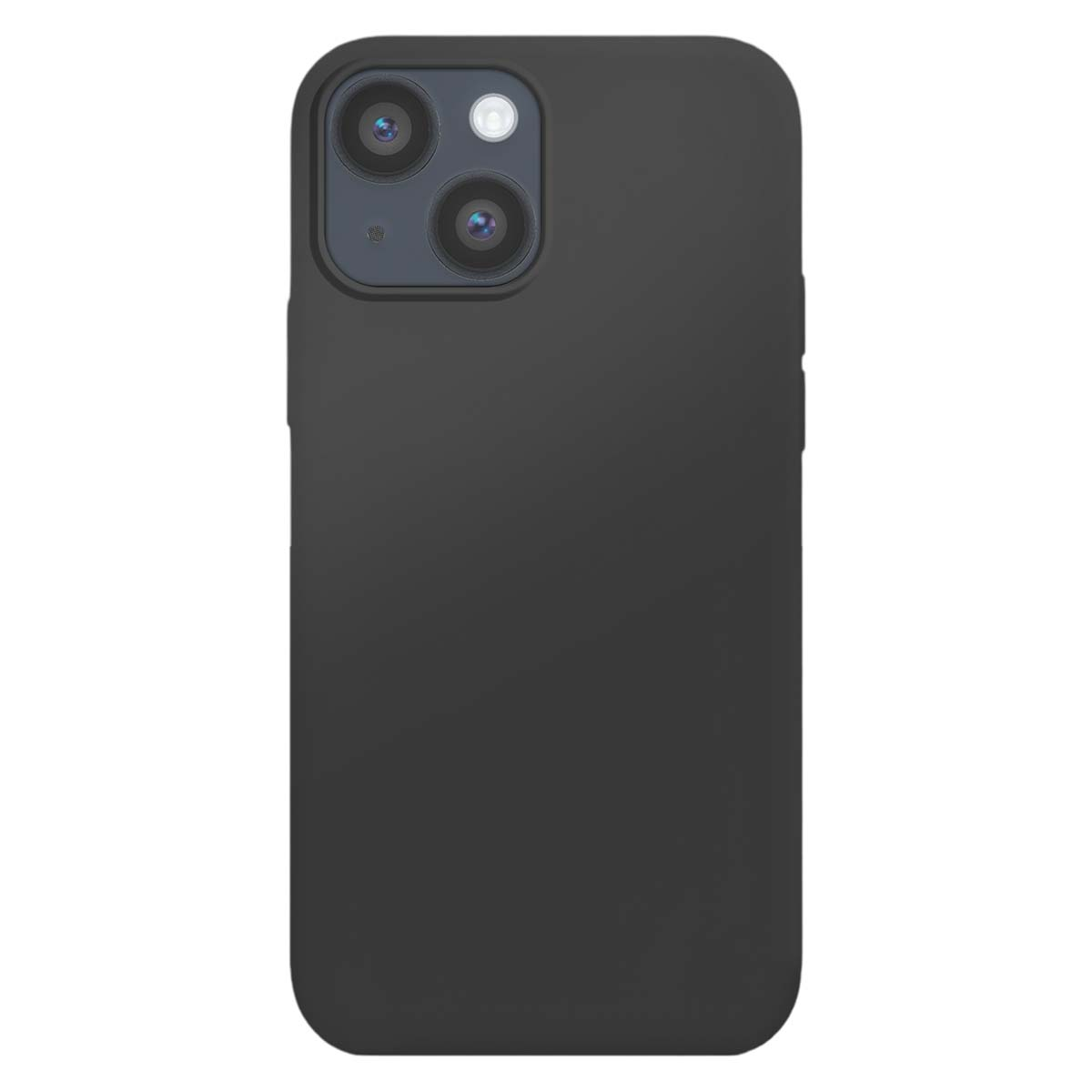 Una custodia nera per iPhone 14 Pro con ritaglio per fotocamera è mostrata su sfondo bianco.