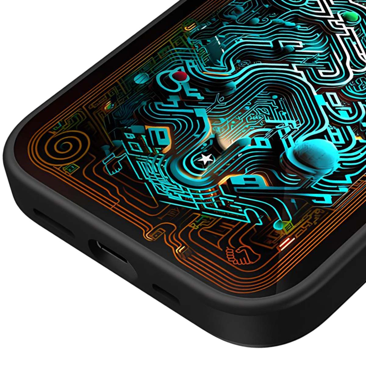 Primo piano di una custodia per telefono con design a circuito stampato blu e arancione.