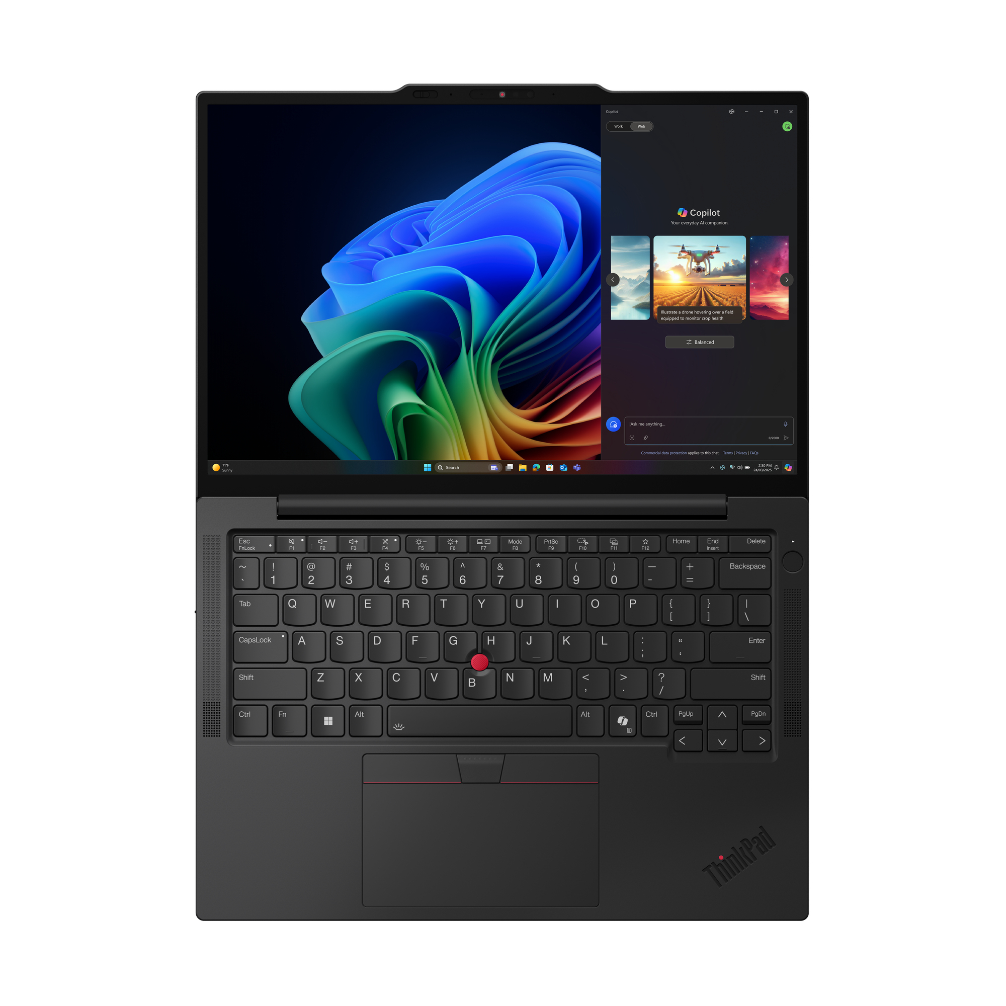 Laptop Lenovo ThinkPad nero aperto, mostra uno sfondo astratto vibrante e interfaccia IA Copilot.