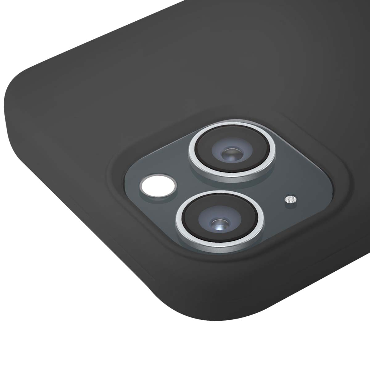 Primo piano di una custodia per telefono grigio scuro che mostra un rialzo della fotocamera con tre obiettivi e un flash.