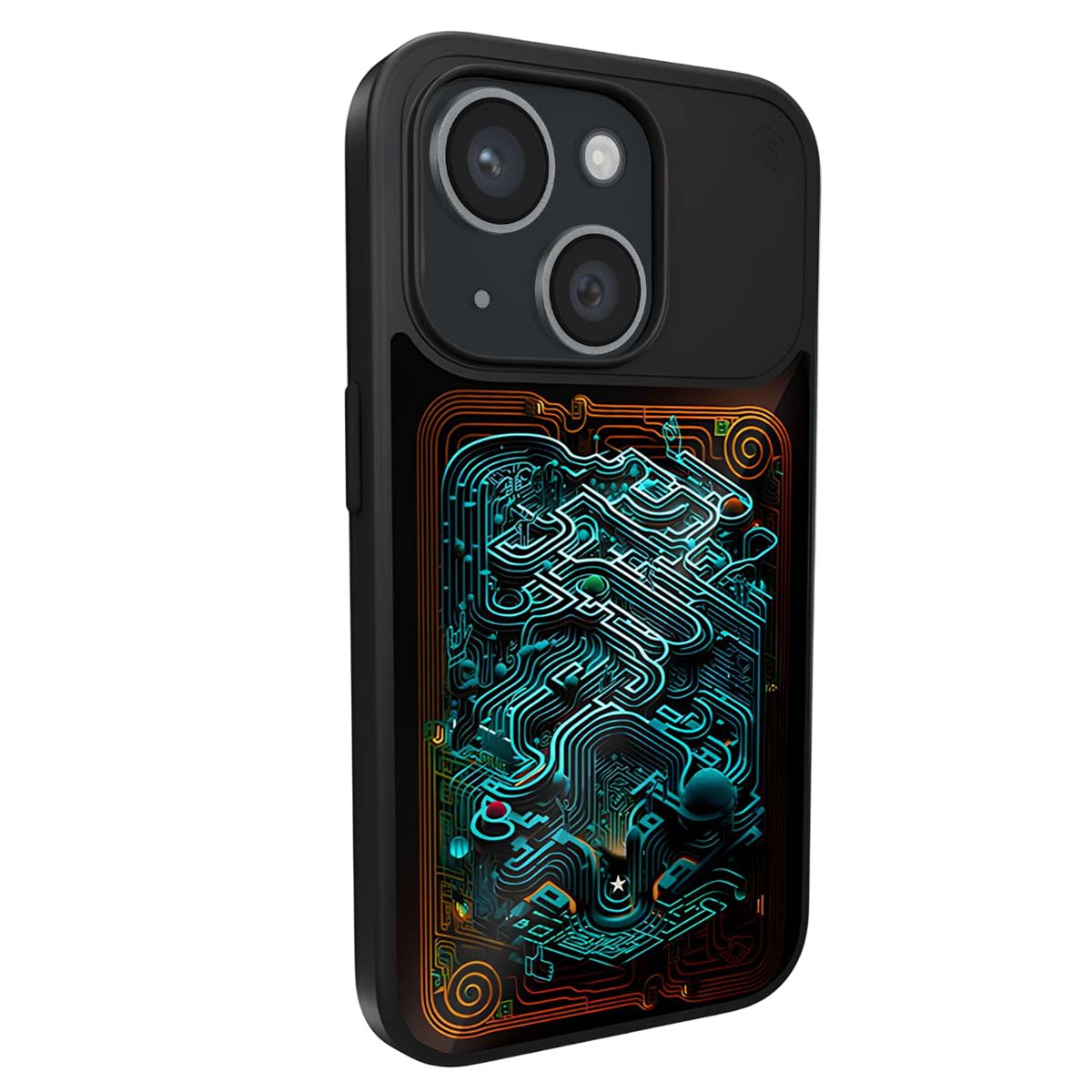 Cover nera con design circuito stampato blu e due lenti fotocamera in alto.