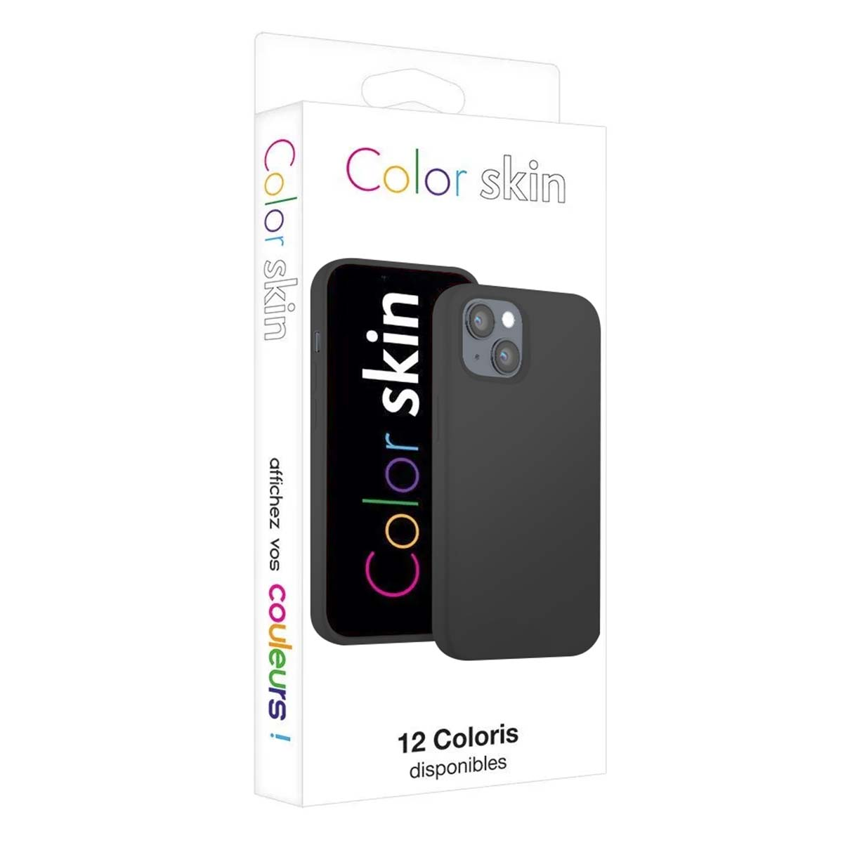 Una custodia per telefono nera e un telefono sono mostrati in una confezione con scritto Color skin.