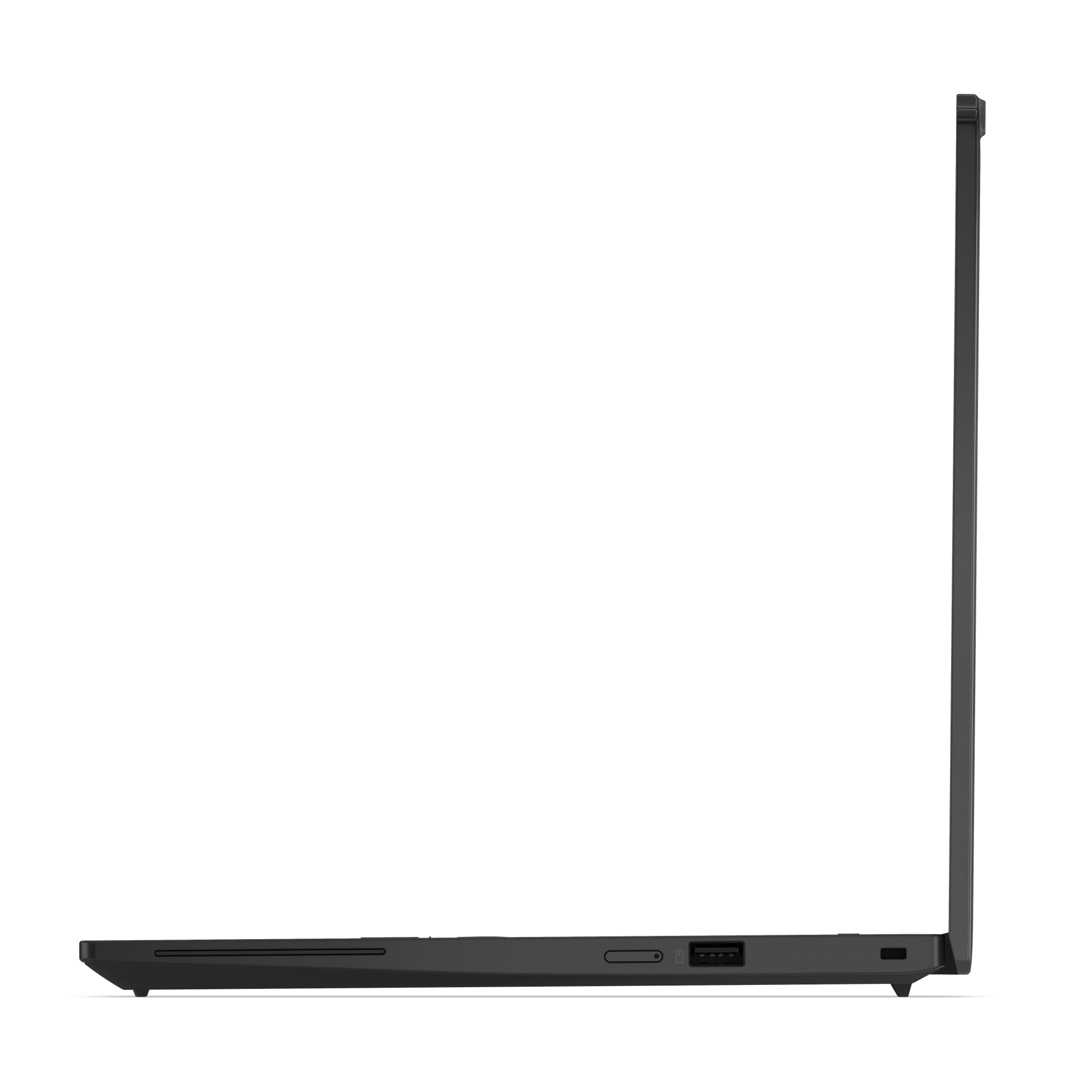 Laptop nero mostrato di lato con porte visibili sul bordo.
