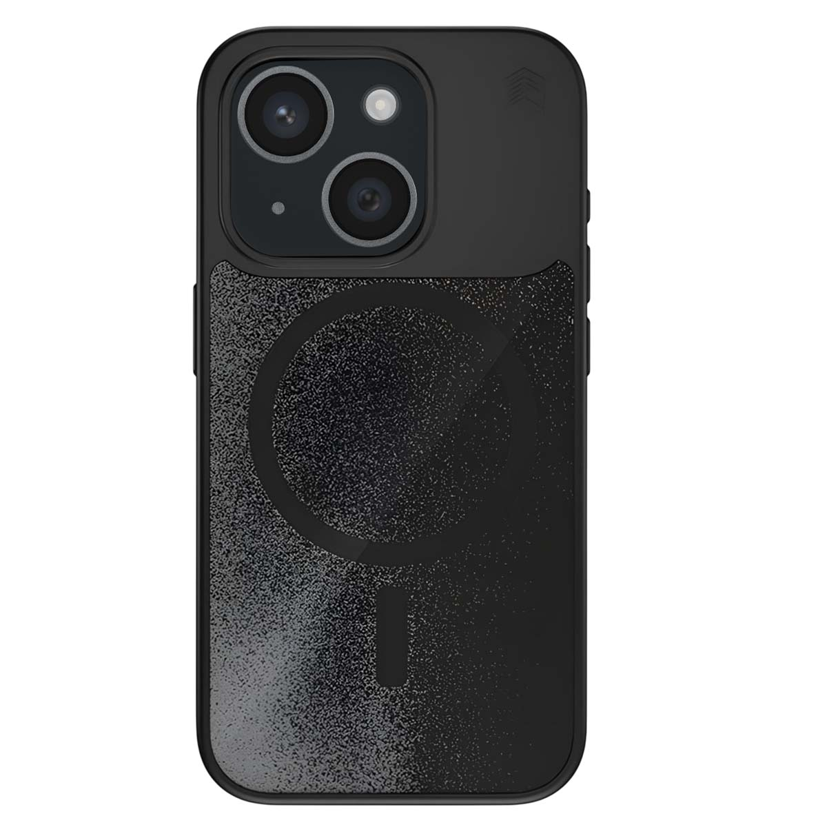 Custodia nera per iPhone con area di presa testurizzata e doppia lente.