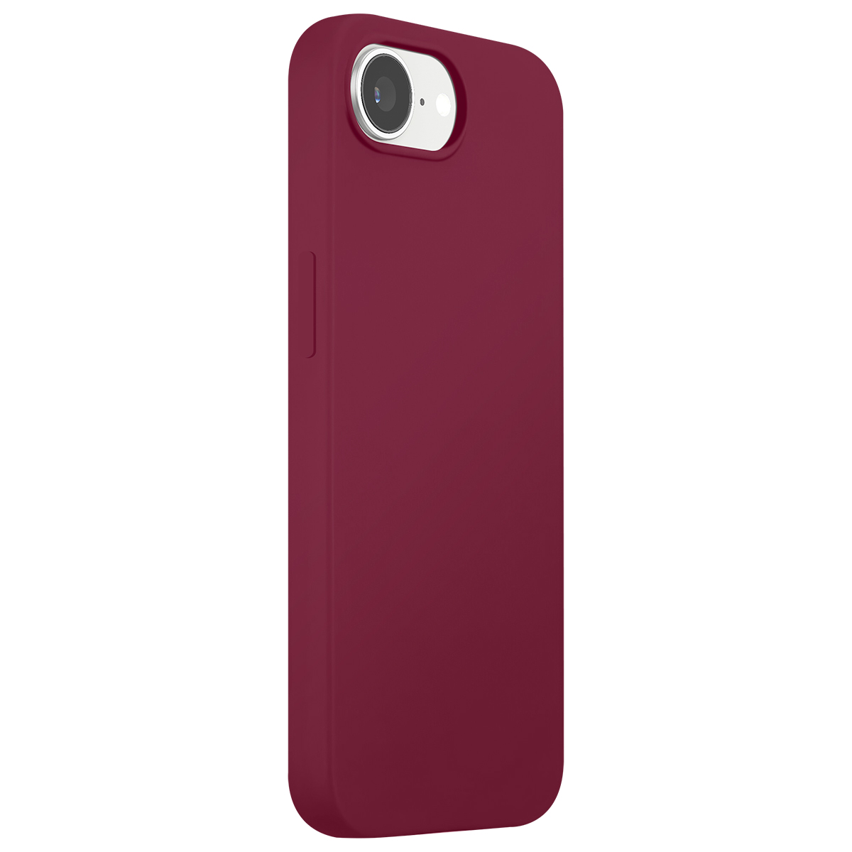 Una custodia per telefono color vinaccia con ritaglio per fotocamera è mostrata su sfondo bianco.