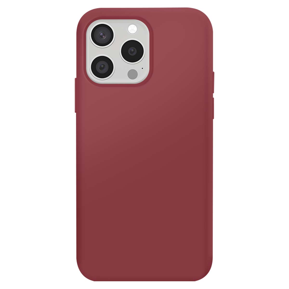 Custodia per telefono color vinaccia con tre obiettivi e flash su sfondo bianco.