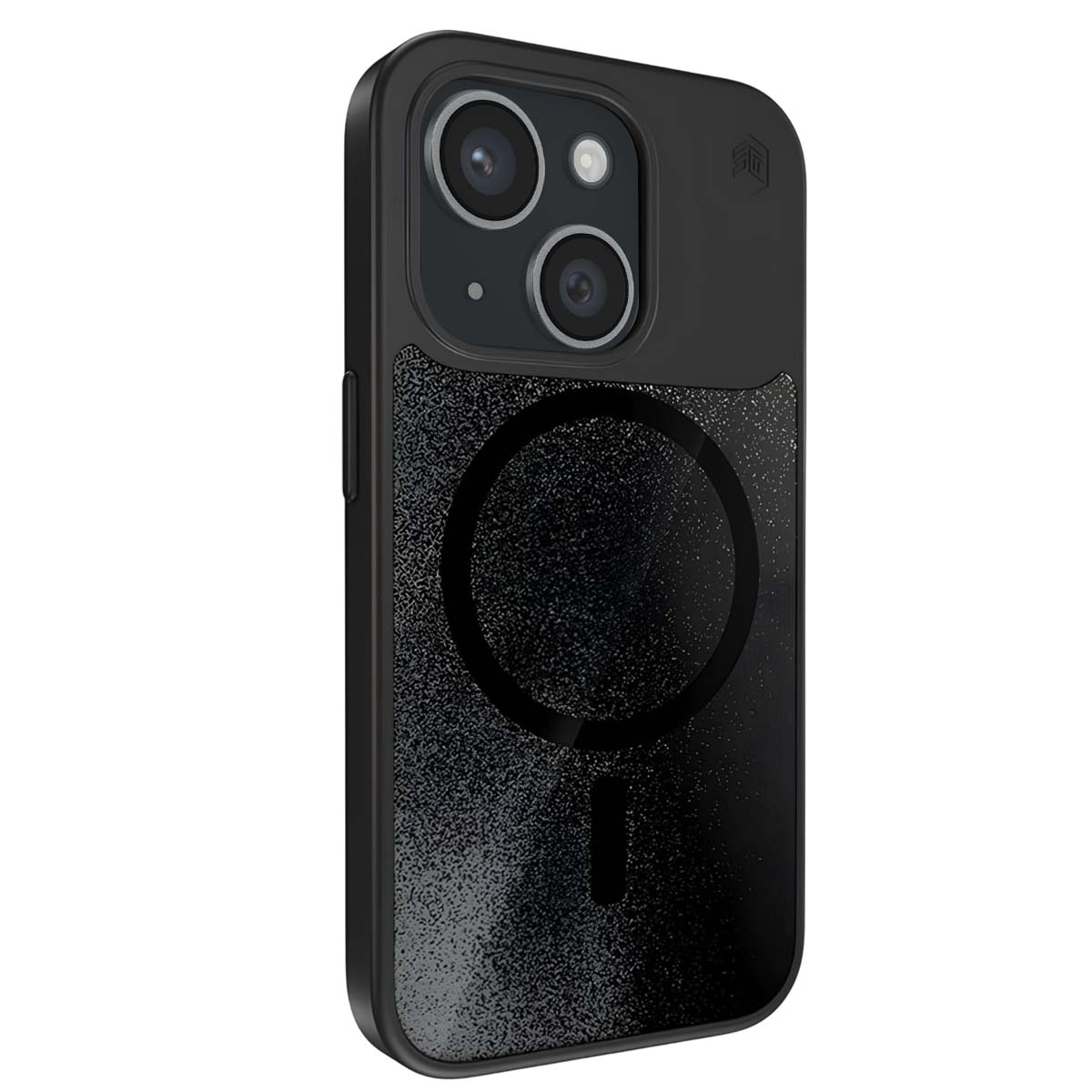 Custodia nera per iPhone con ritaglio doppia fotocamera e presa testurizzata.