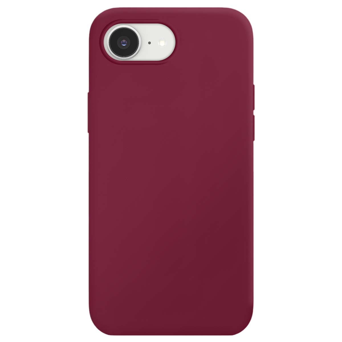 Una custodia per iPhone color vinaccia con ritaglio per fotocamera è su sfondo bianco.