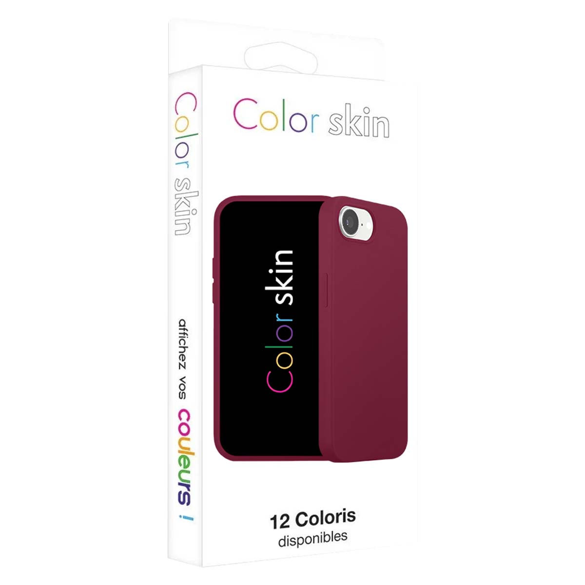 Custodia per telefono color vinaccia su sfondo nero, in confezione intitolata Color Skin.