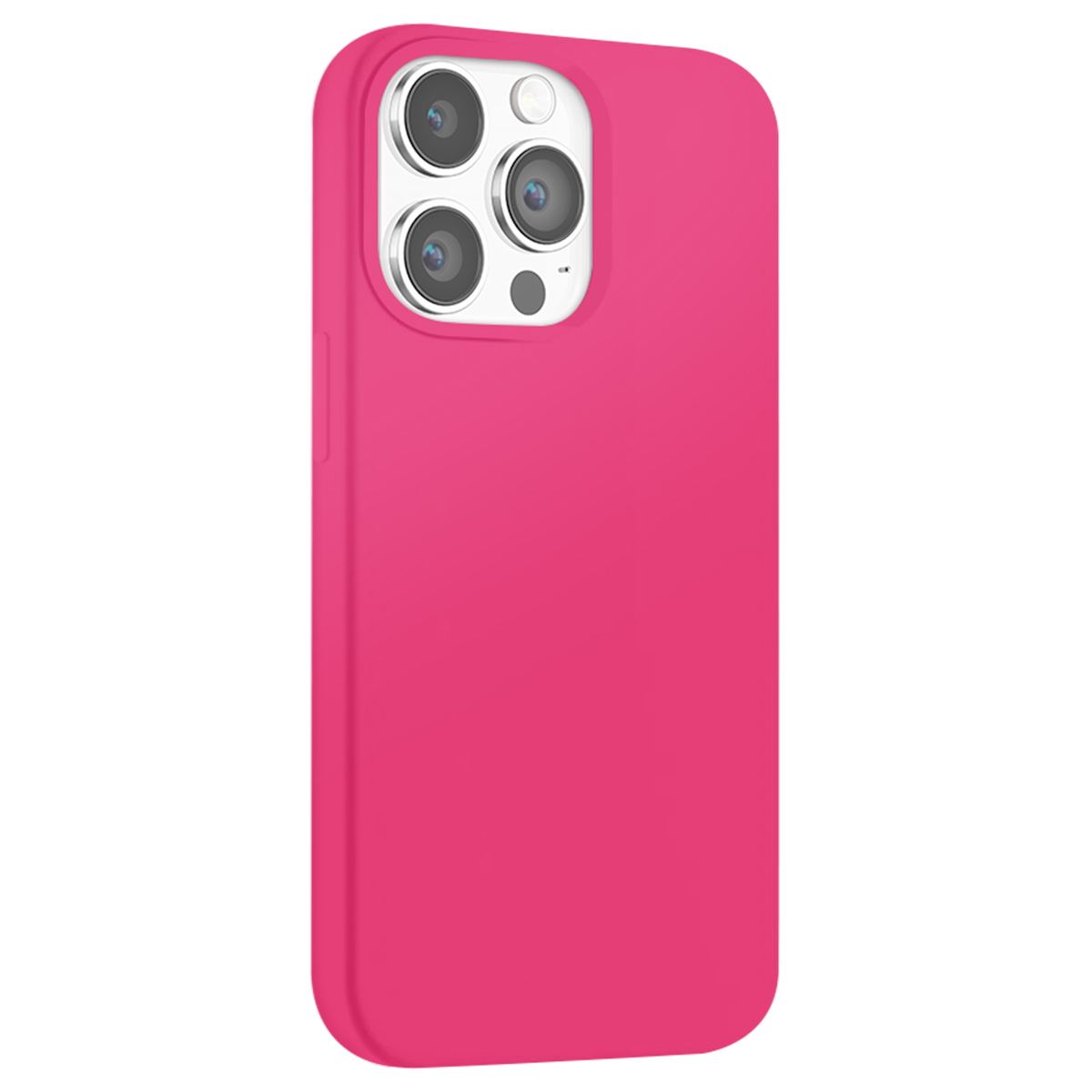 Una custodia rosa brillante per iPhone con ritaglio tripla fotocamera su sfondo bianco.