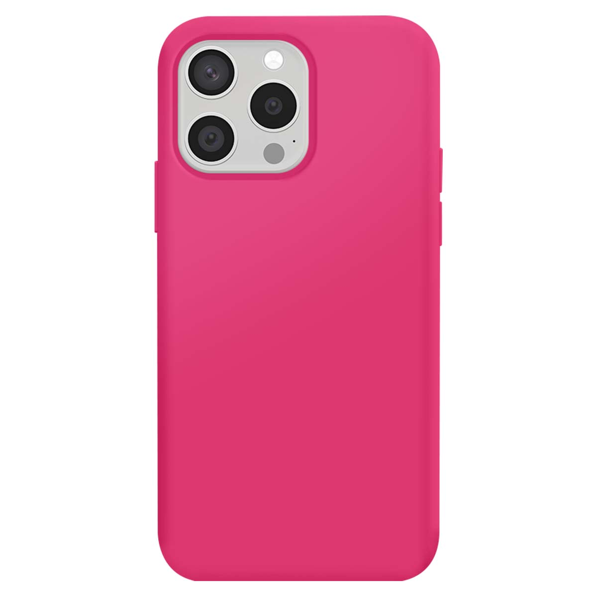 Una cover rosa per telefono con ritaglio tripla fotocamera è mostrata su sfondo bianco.
