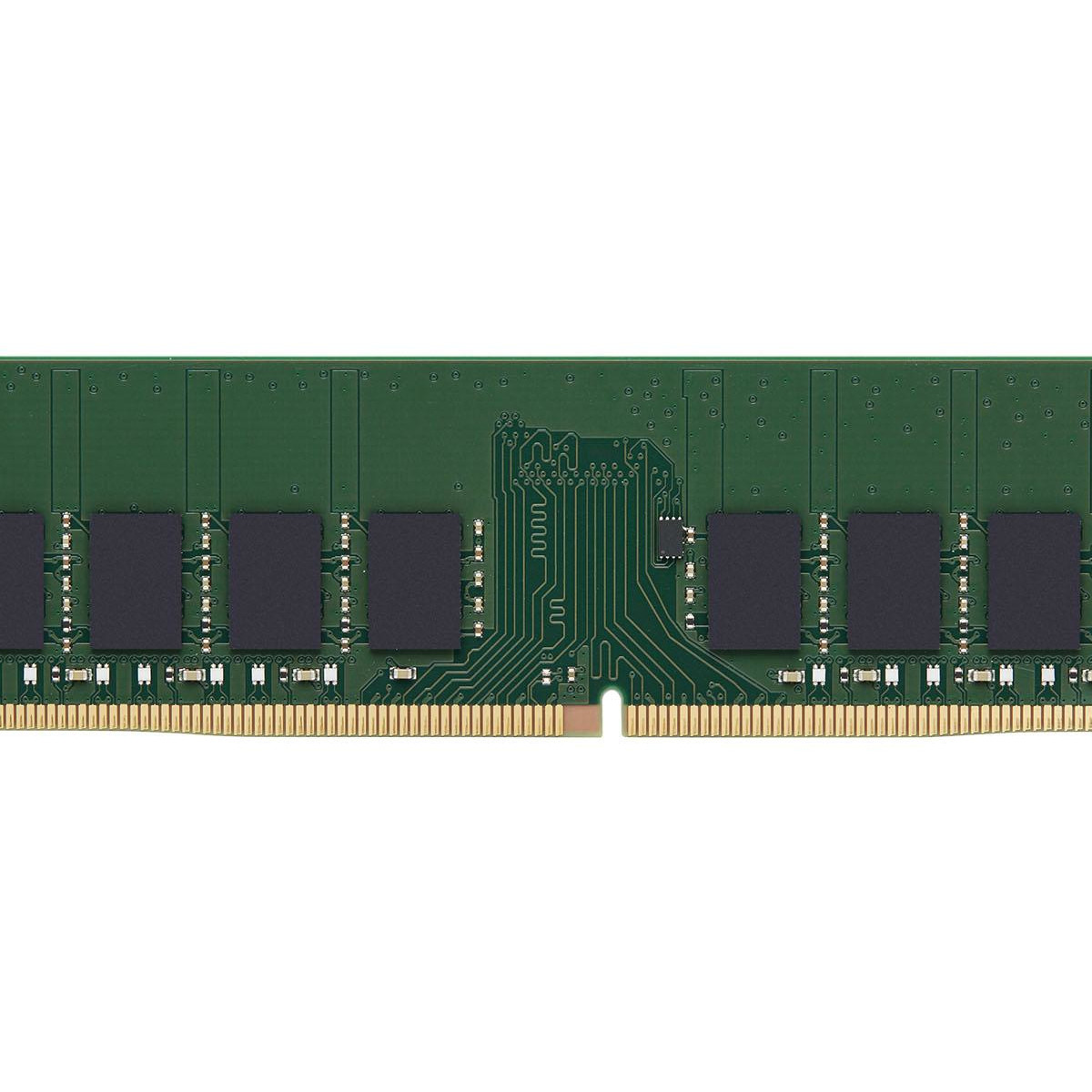 Zielona płyta z czarnymi chipami i złotymi złączami, moduł RAM komputera.