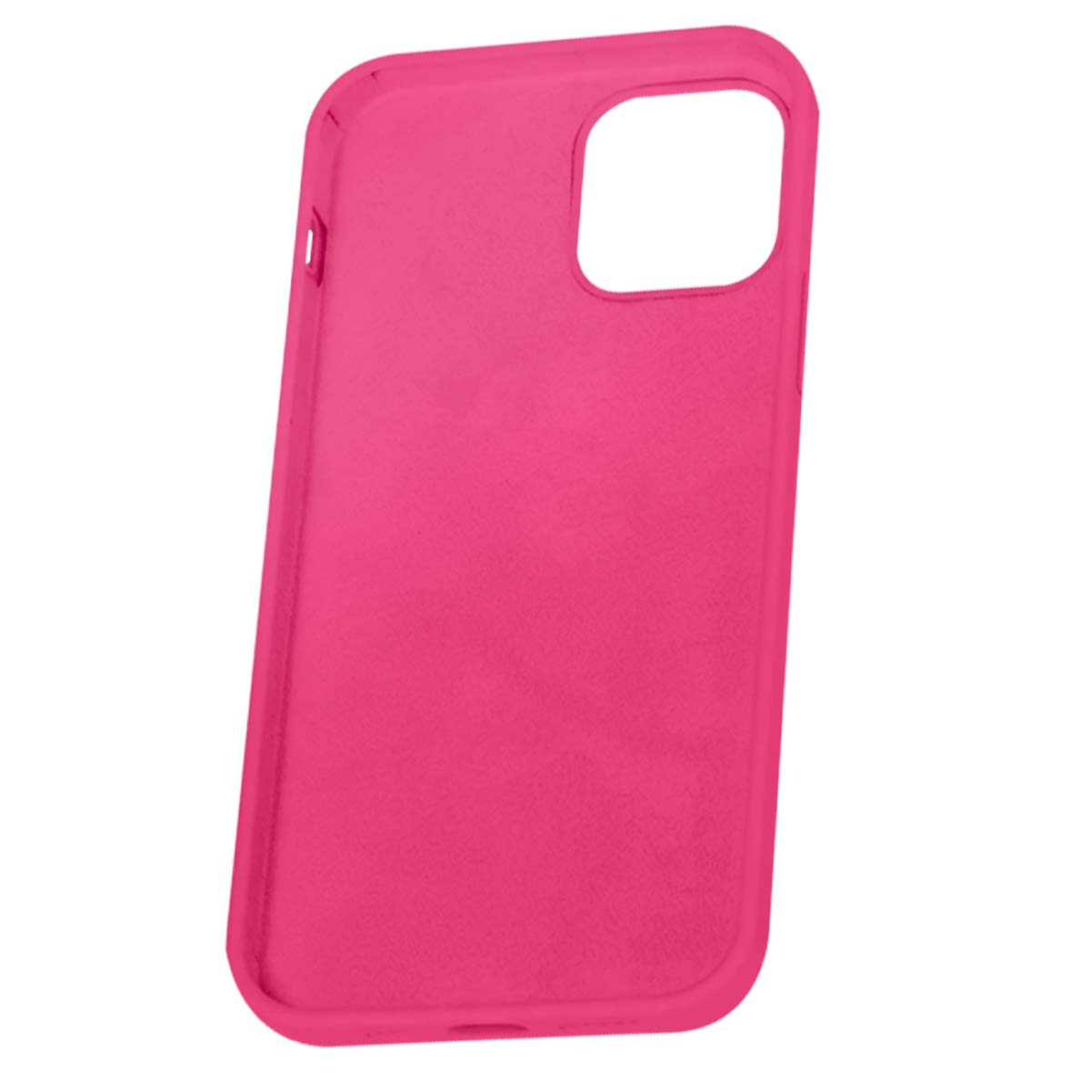 Una cover per telefono rosa acceso con ritaglio per fotocamera è mostrata su sfondo bianco.