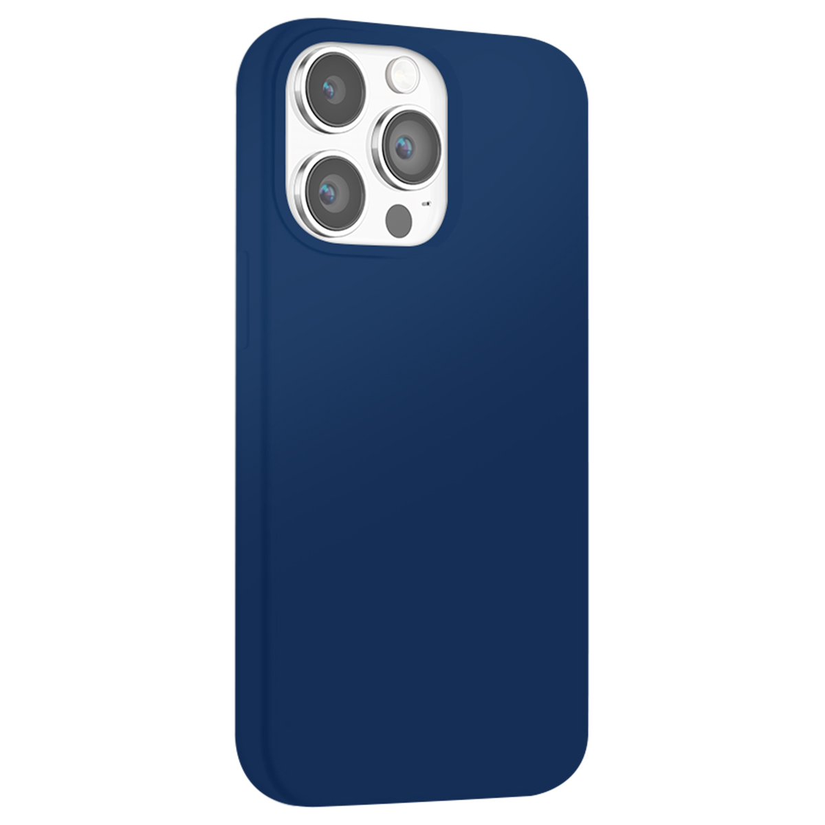Una custodia blu scuro per telefono con modulo fotocamera argentato a tre lenti.