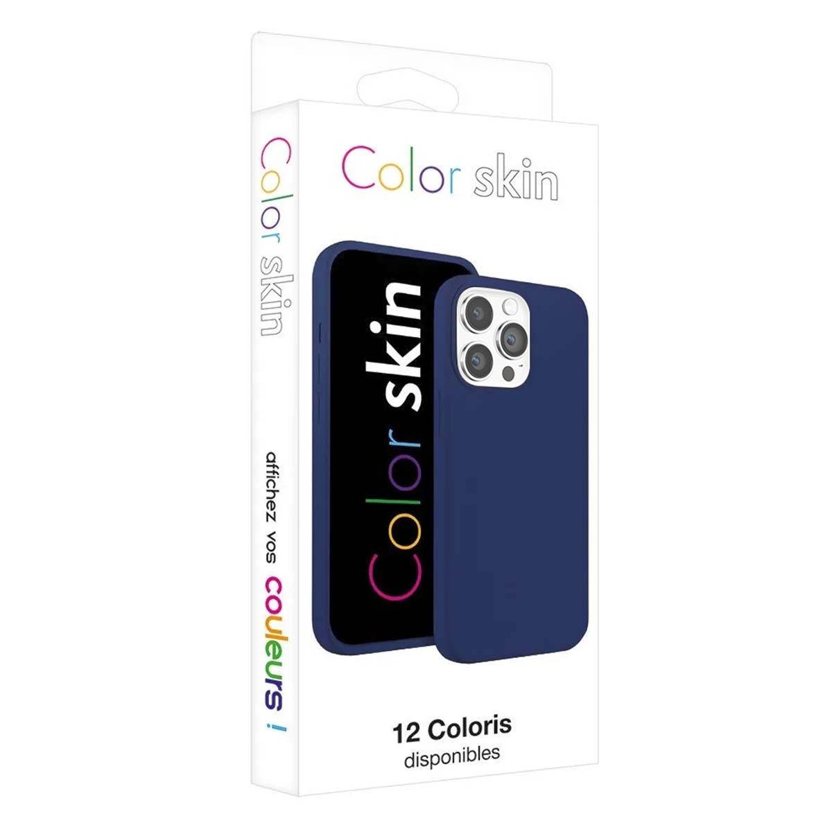 Scatola mostra cover blu scuro, testo "Color skin". 12 colori disponibili.