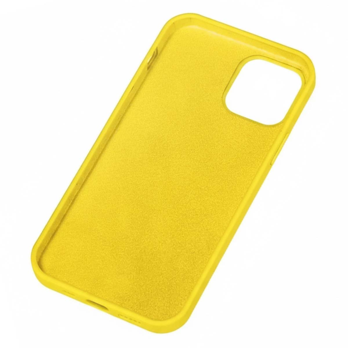 Una custodia per telefono giallo brillante con interno testurizzato è mostrata su sfondo bianco.
