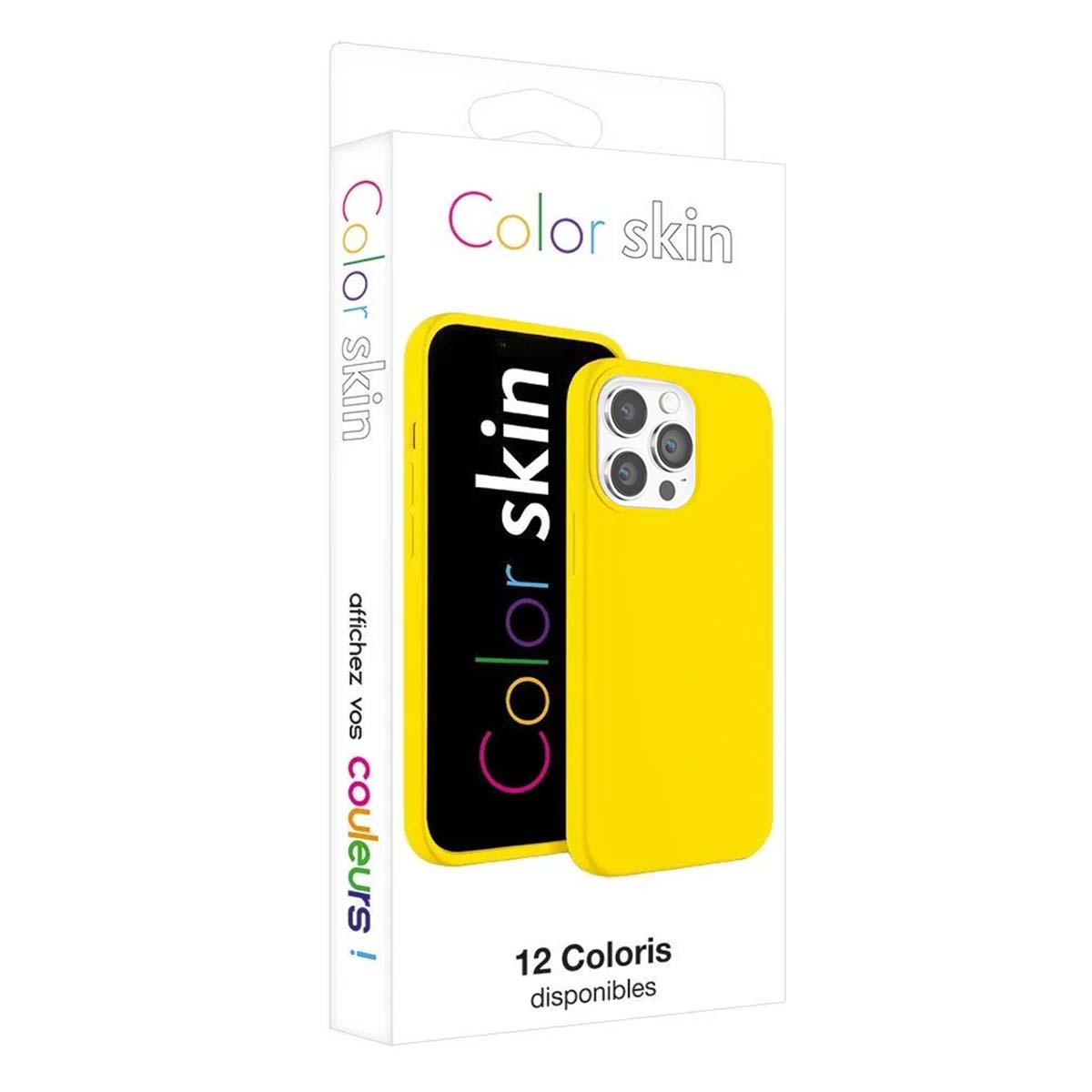 Confezione di cover gialla per telefono con marchio 'Color skin' e cover gialla per iPhone.