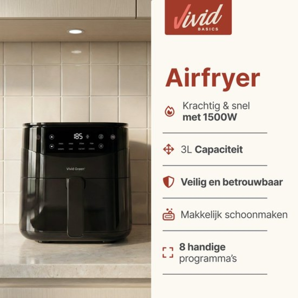 Black air fryer with digital display on a countertop, text about power and capacity.