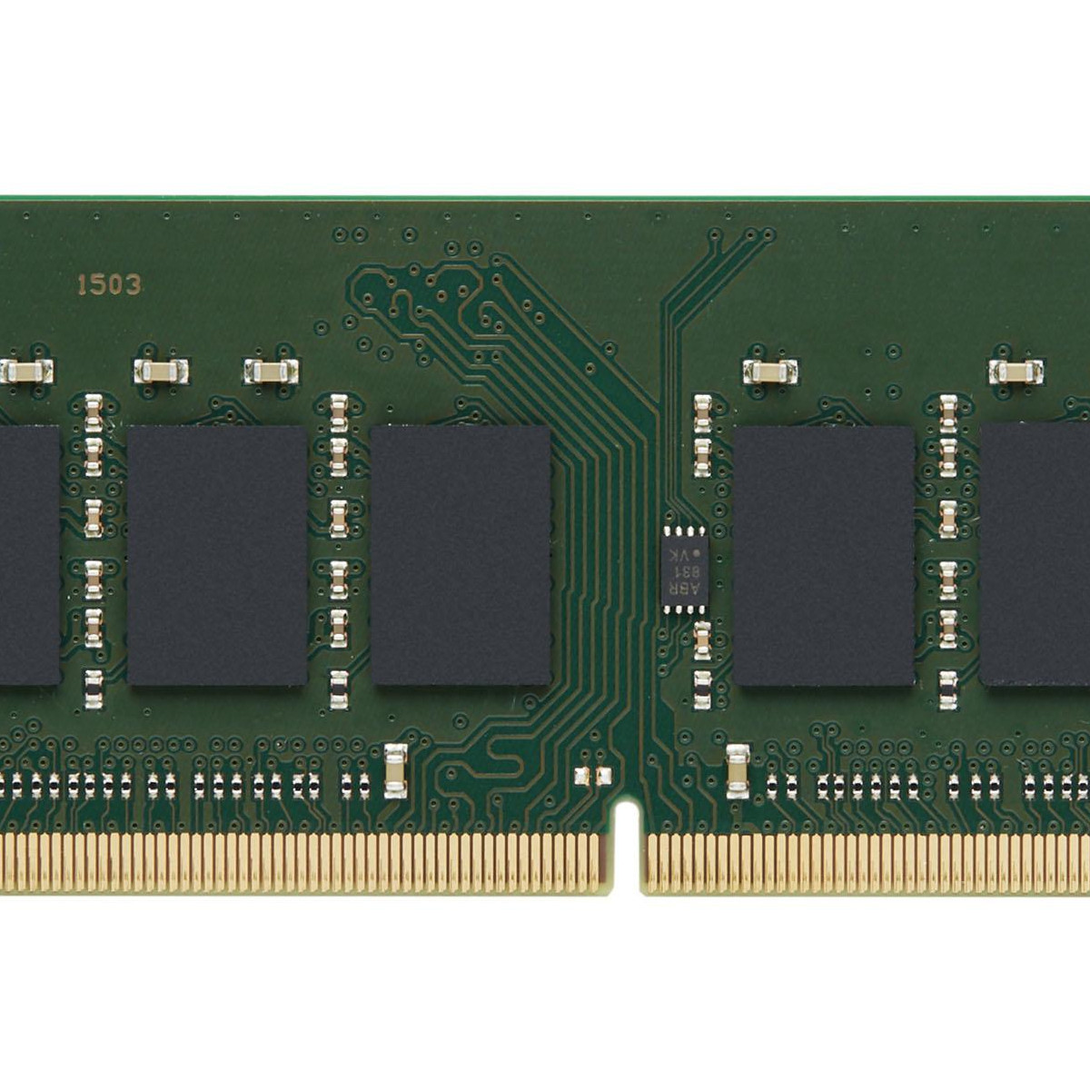 Zbliżenie zielonej płytki drukowanej z czarnymi chipami i złotymi złączami. Widoczny numer 1503.