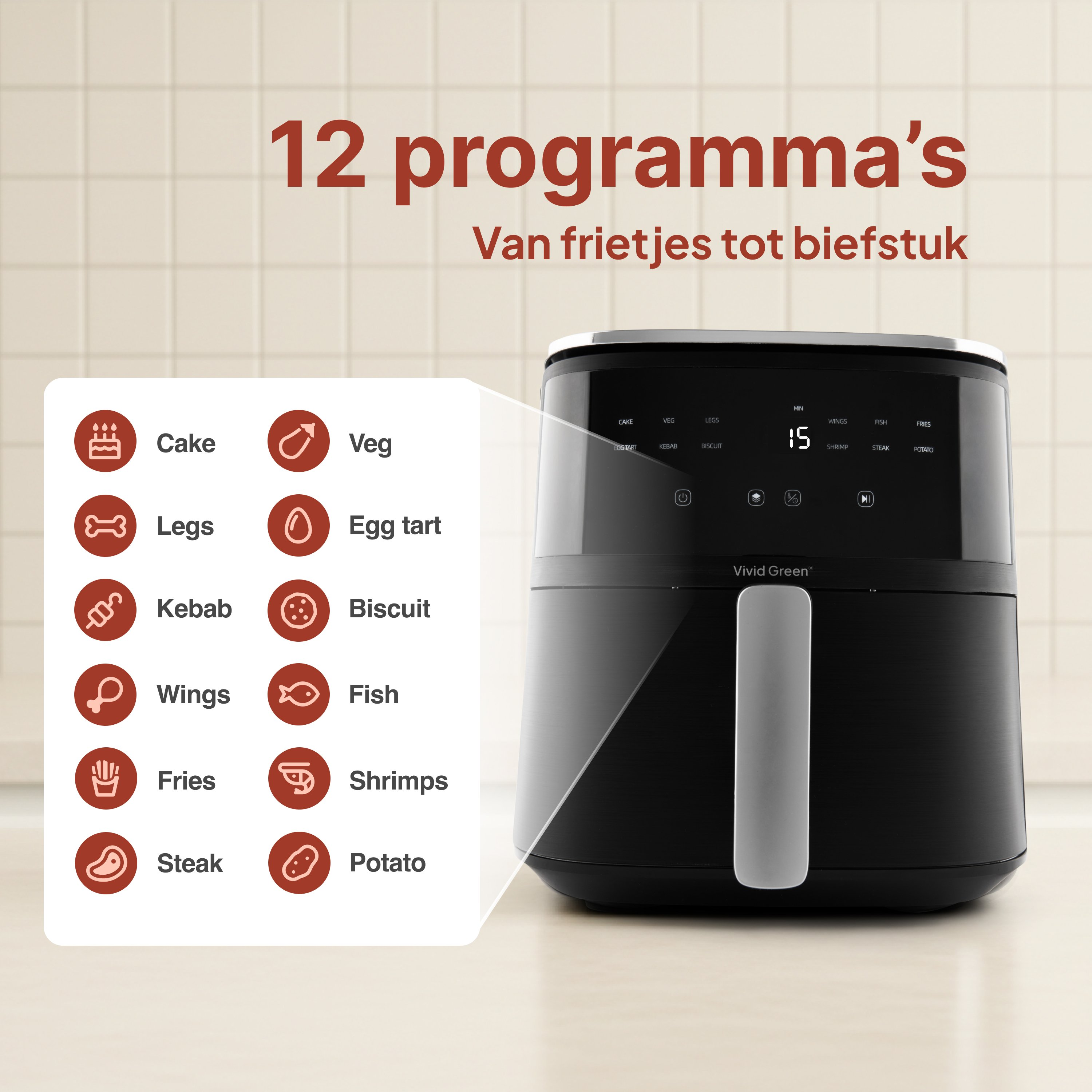 Zwarte airfryer met 12 kookprogramma's: Cake, Groente, Kipdelen, Eiertaart, Kebab, Koekje, Vleugels, Vis, Frietjes, Garnalen, Steak, Aardappel.