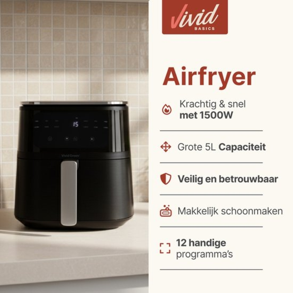 Zwarte airfryer met digitaal display op een aanrecht, naast productkenmerken.