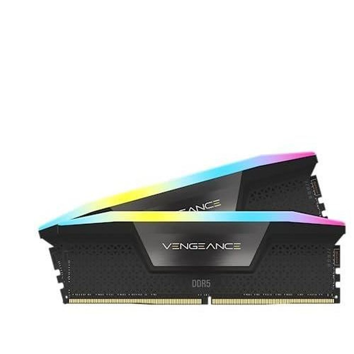 Dwa czarne moduły RAM DDR5 z oświetleniem RGB, z napisem VENGEANCE.