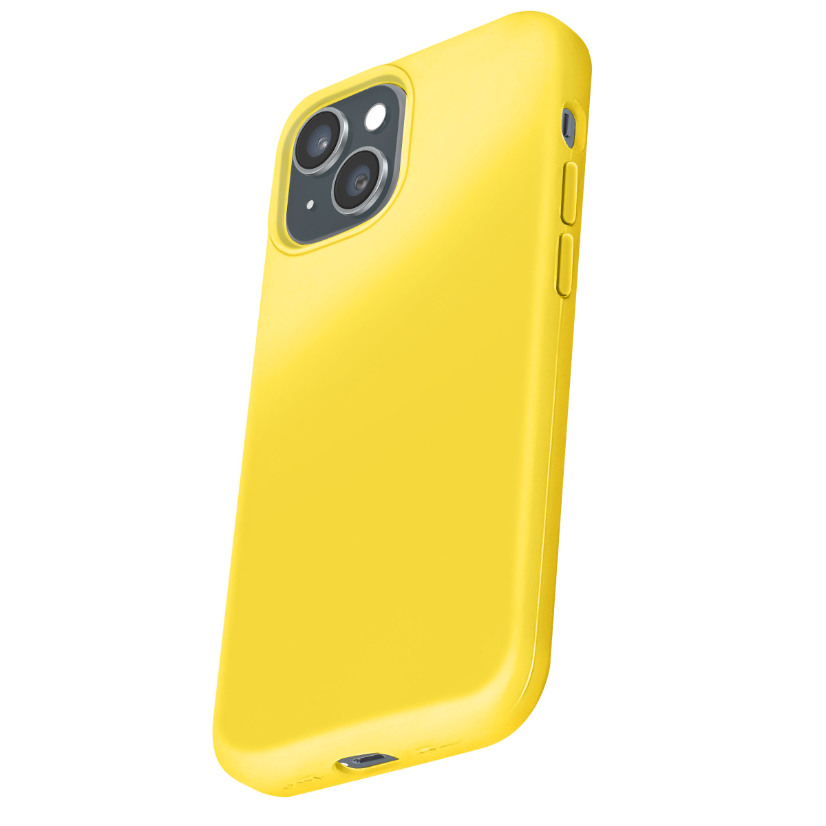 Una custodia gialla brillante per telefono con ritaglio fotocamera è mostrata su sfondo bianco.
