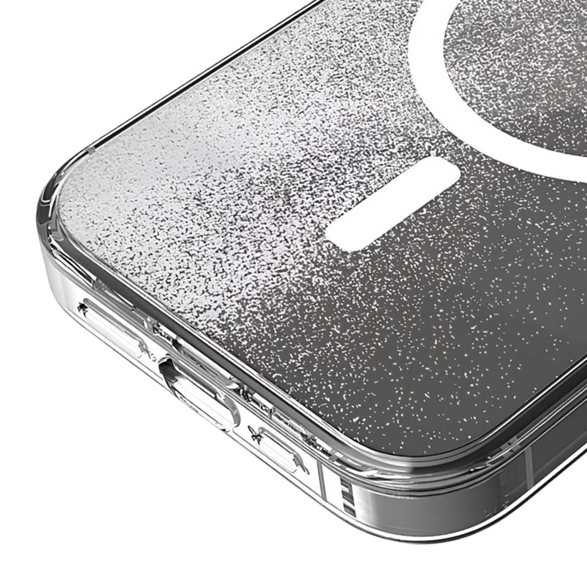Una cover trasparente per telefono con macchioline argentate e anello MagSafe.
