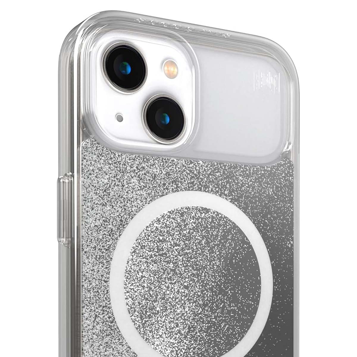 Primo piano di una custodia trasparente per telefono con glitter e un rigonfiamento della fotocamera.