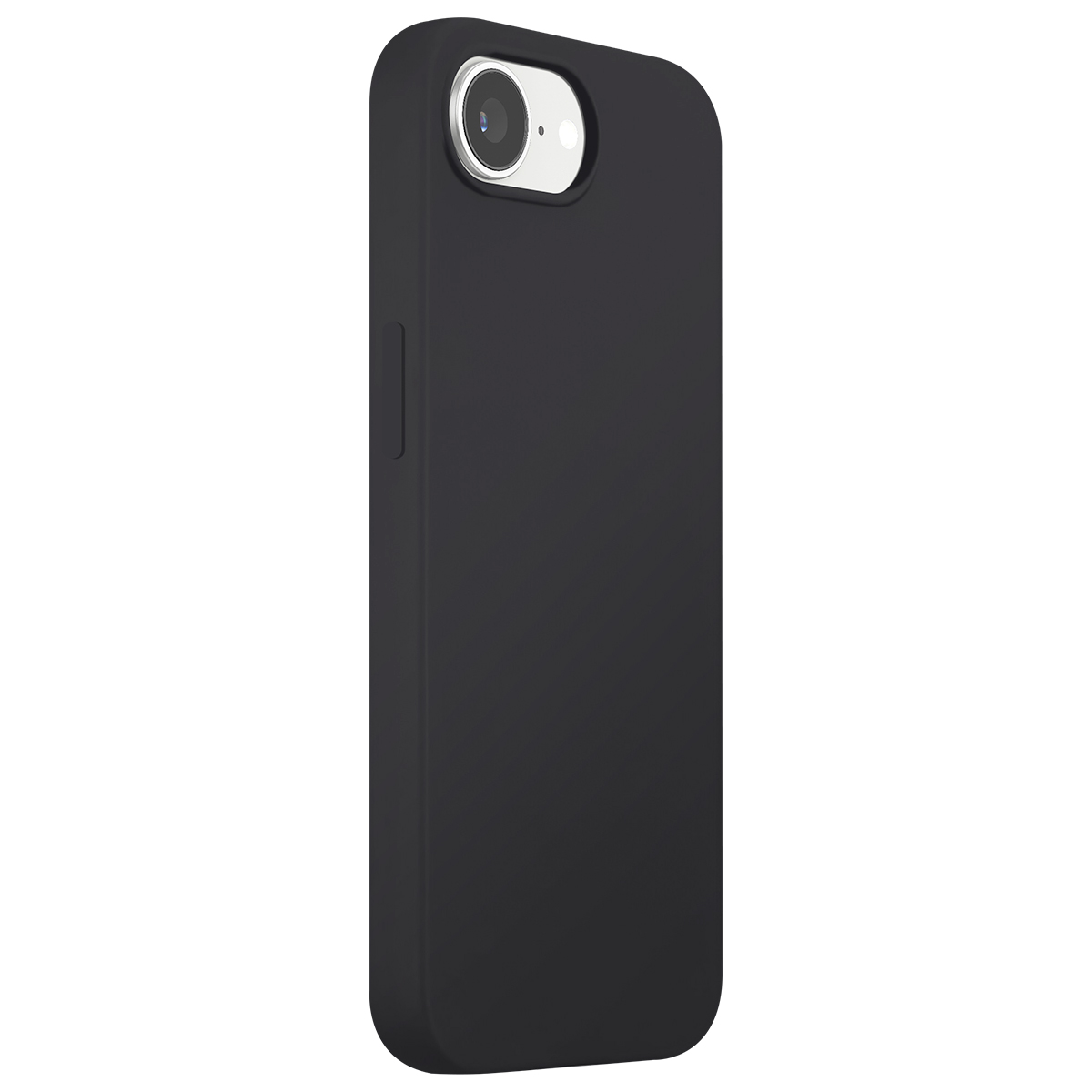 Una cover nera per iPhone con ritaglio fotocamera è mostrata su sfondo bianco.