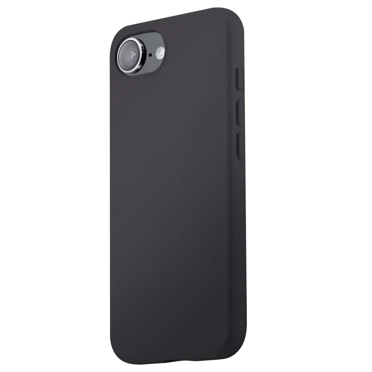 Una cover nera per iPhone con ritaglio per fotocamera e pulsanti laterali.