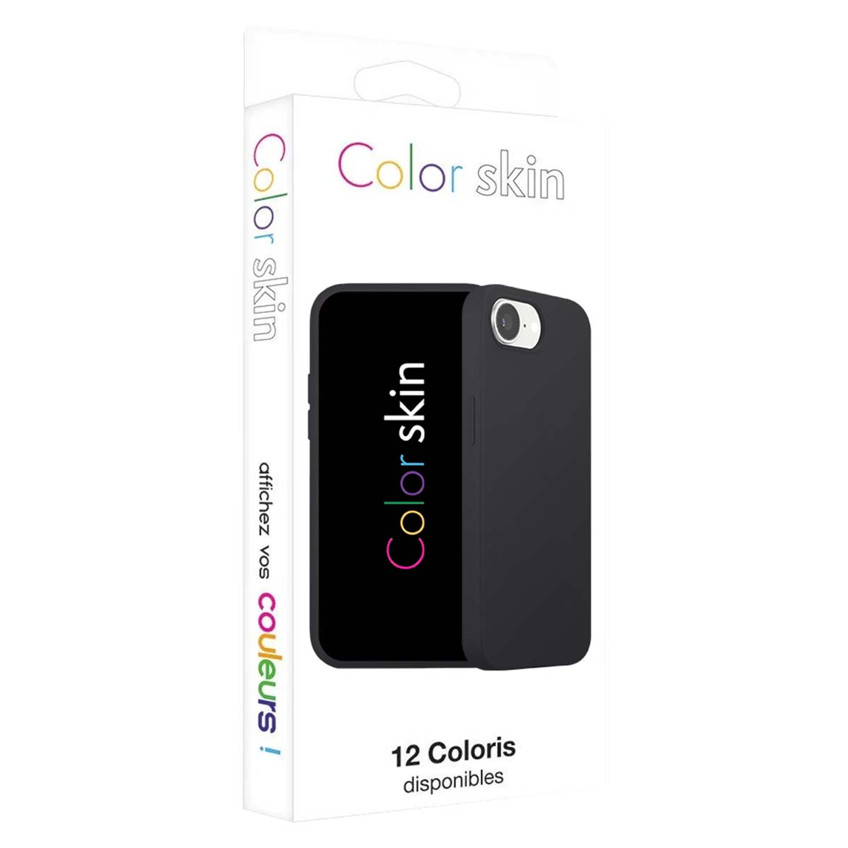 Confezione con cover nera per telefono e scritta "Color Skin".